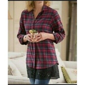 Soft Surroundings Red Plaid Tunic Chiffon Beaded Bottom Sz Large Style 28137
